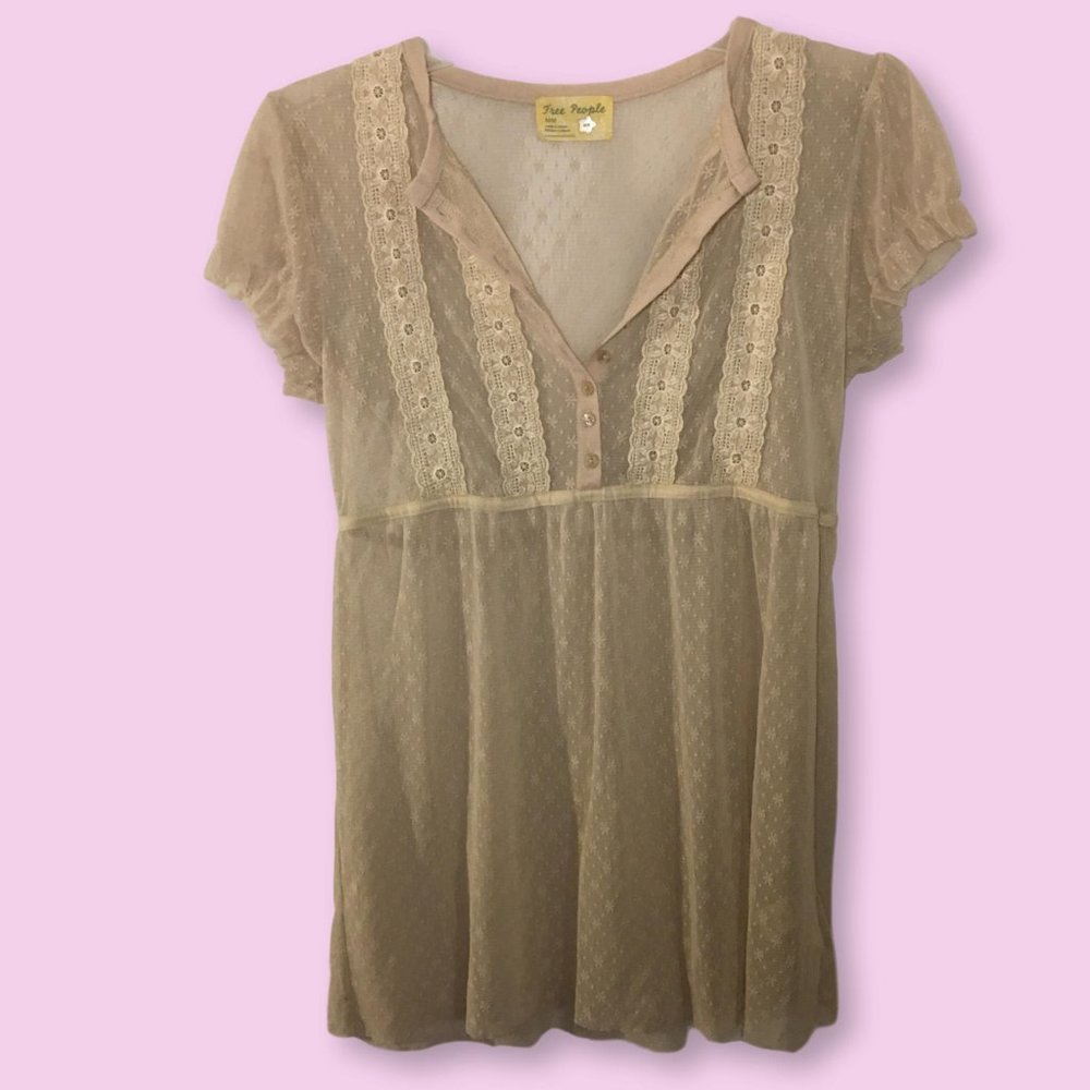 Free People Sheer Lace Half Button Blouse, M